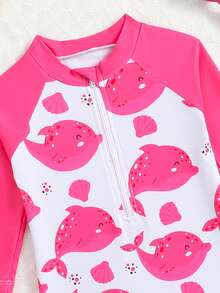 Traje de baño de una pieza de manga larga para bebé niña con estampados aleatorios - Rosa Fucsia - Ver 4