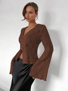 Almamuse 时尚浪漫性感纯色蕾丝前开襟纽扣长袖衬衫 - 棕色 - 查看 3