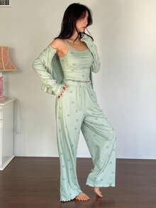 DAZY 3pcs Bow Print All-Over Allover Print Camisole & Pants Pajama Set For Women, Spring - Green - View 5