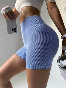 Women's High Waist Seamless Knit Compression Shorts - Blue - View 2
