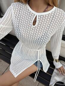 DAZY 女士圆领长袖蕾丝面料开衩设计腰带优雅度假风针织上衣 - 米色 - 查看 1