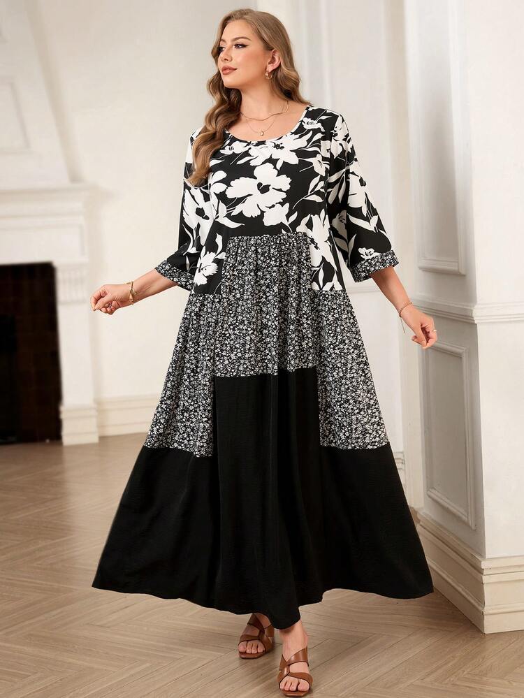 Plus Size Dresses For Summer/ Vacation Black And White Maxi Dress Plus Size Black And White Dress Black And White Dress Women Elegant Floral Dress Women Dress Modest