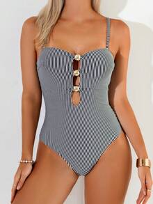 Swim Chiccia Maillot de bain une pièce sexy en tissu rayé avec décoration de perles pour les vacances à la plage - Noir et Blanc - Voir 4