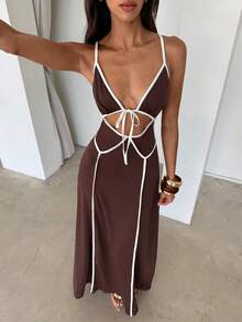 Aloruh Women's New Contrast Color Tie-Up Vacation Dress, Brown And White, Spring/Summer - Multicolor - View 4