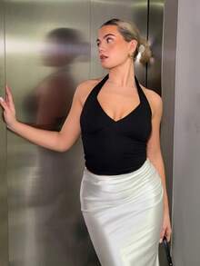 Bethéva Solid Color Backless Halter Crop Top, Sexy Sleeveless Summer - Black - View 5