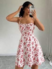 SHEIN Raffinéa 女士吊带系带印花褶皱吊带连衣裙迷你短款女装 - 彩色 - 查看 6