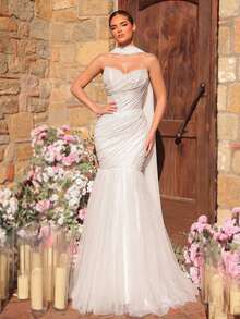 Glamrae Elegant Luxury Gorgeous Pleated Strapless Mesh Dress With Pearl Tassel Pendant Mermaid Silhouette (Detachable Halter), Bridal Wedding Gown - White - View 4