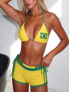 Bonvoyette Spring/Summer Vacation Sexy Fashion Brazilian Placement Letter Drawstring Tie 3 PiecesBikini Set - Multicolor - View 1