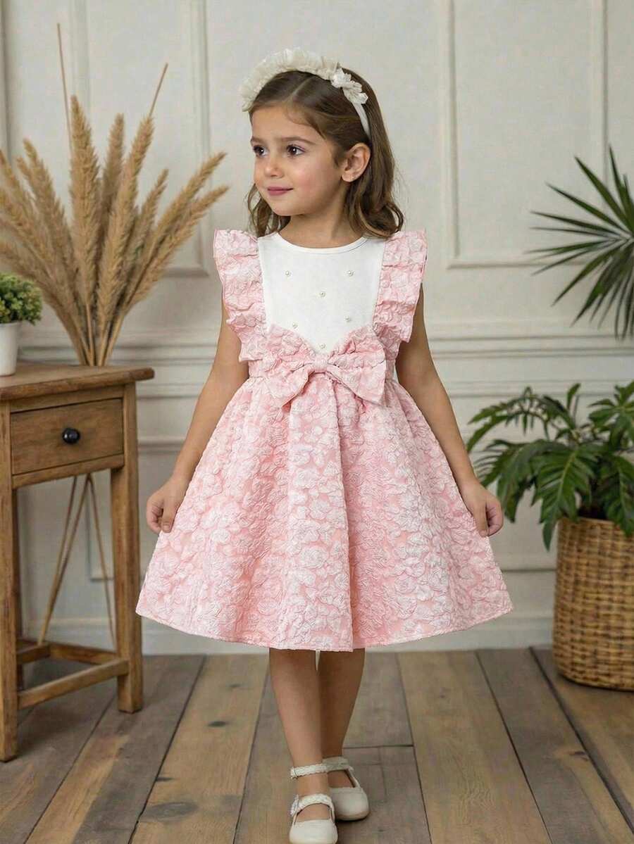 Glamorique Kids Abito elegante e carino da ragazza con maniche a cappuccio, fiocco di perle e blocchi di colore - Rosa - Visualizzare 1