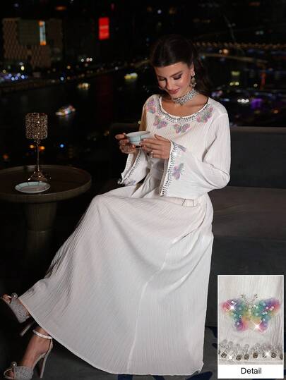 Al Najma Embellished With Beads & Rhinestones Butterfly Applique Textured Long Sleeve Tie-Waist Flared Hem Elegant Dress For Women