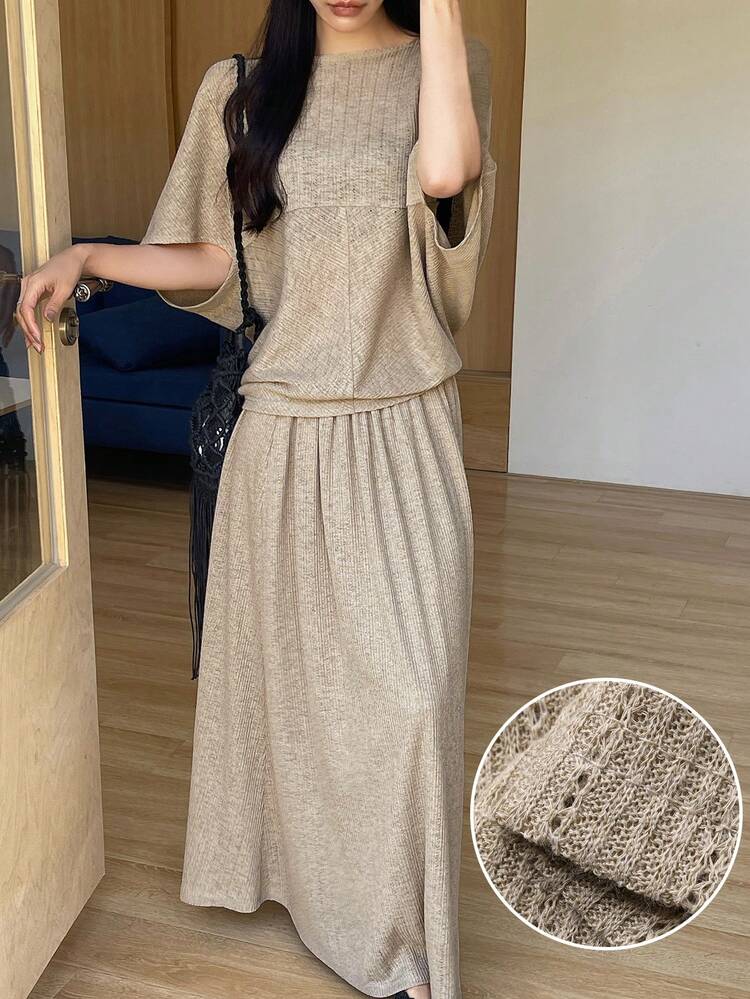 Women's Solid Color Batwing Sleeve Top And Skirt Casual 2-Piece Set Summer