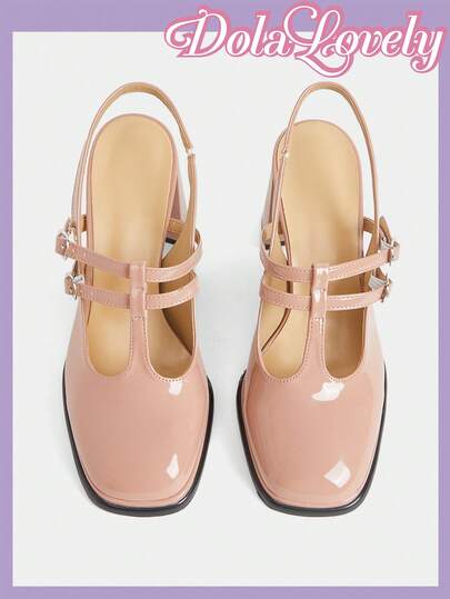 Dola Lovely 亮粉色粗跟T字带玛丽珍高跟鞋，适合搭配JK制服、通勤、日常、校园、时尚、洛丽塔风格