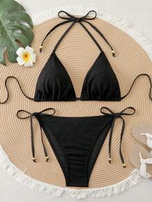 Swim Vcay Bikini de triángulo sexy para mujer de talla grande para vacaciones en la playa - Negro - Ver 1