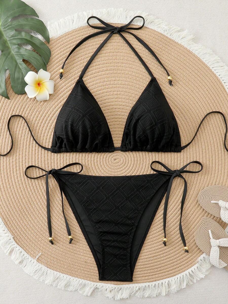 Swim Vcay Bikini de triángulo sexy para mujer de talla grande para vacaciones en la playa - Negro - Ver 1
