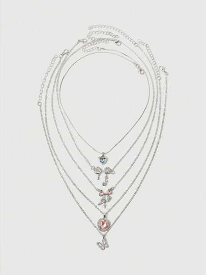 ROMWE Kawaii 5-8pcs/Set Fashionable Y2K Crystal Heart, Butterfly, Tulip, Bow Pendant Necklaces Set, Shiny Jewelry, Gift For Women, Valentine's Party