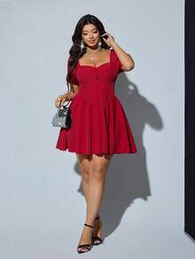 Viva Relle Plus Size Women Elegant Solid Color Ruffle Collar Puff Sleeve Waist Cinched Midi Dress - Burgundy - View 3