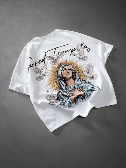 PAVTROS Men's Oversized Back T-Shirt With Pattern, White Doves, And Letter Print On The Raglan Sleeves,Valentine's Day,Spring To Summer,Gift For My Boyfriend,Mardi Gras,Vintage,Streetwear,Party,St Patrick's Day,Going Out