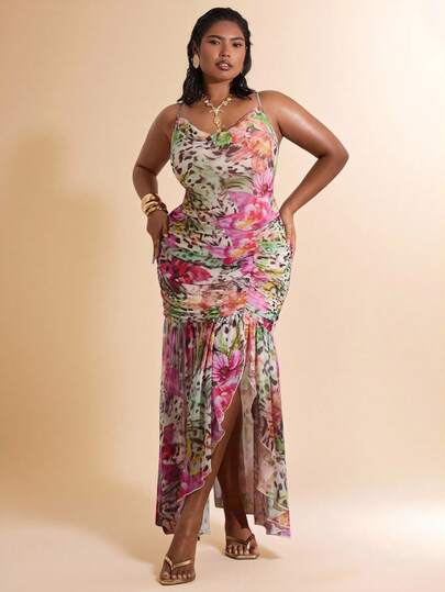 SHEIN BAE Plus Size Women Slit Ruched Draped Neck Sleeveless Mid-Length Dress, Floral Dress,Summer,Summer Holiday Outfits,Spring Break Outfits ,Valentine Outfits For Women,Valentine's Day Outfit,Carniva,Carnival Women Look 2026,Plus Size,Curve,Elegant Outfits For Party,Beach Outfit For Women,Wedding Guest Party Dress ,Going Out,Vacation Outfits Women,Birthday Dress For Women,Formal Dress For Women,Plus Size Dress For Women,Tea Party Outfit Women,Club Outfits Women Plus,Formal Gowns For Women Evening Elegant,Plus Size Dresses For Women,Airport Outfit For Women Travel