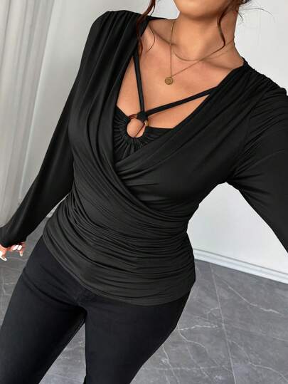 Elenzga Plus Size Women's Fashion Belted Round Ring Decor 2 In 1 T-Shirt, Suitable For Beach Vacation, Beach Travel, Commute Fashion Workplace, Valentine's Day, Music Festival, Mother's Day, Halloween, Thanksgiving, Easter, National Day, New Year, Date Party, Christmas, Wedding Season, Autumn/Winter