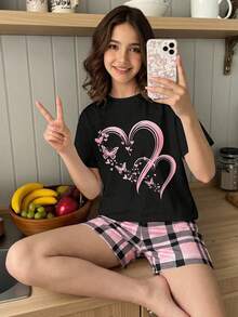 2pcs/Set Girls Pink And Black Summer Casual Heart Butterfly Print Short Sleeve Top,Pink Plaid Shorts,Loose Comfy Big Kids Sleepwear Homewear,Pe - Multicolor - View 3