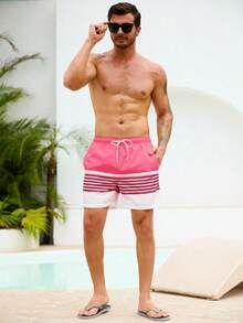 Manfinity KASUA Men's Colorblock Print Casual Beach Shorts - Watermelon Pink - View 3