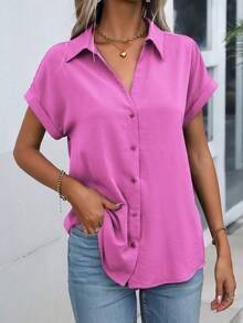 Wandoria Women's Solid Color Minimalist Short Sleeve Shirt, Casual Everyday Wear - Pink - View 5