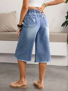 Breezaya Pantalones vaqueros de mujer con bordado de margaritas y efecto desgastado, pantalones casuales de verano para mujer, pantalones vaqueros de mujer con bordado floral, atuendos de playa para mujer - Azul - Ver 3