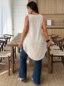 Weeklong Plus Size Women Sleeveless Asymmetric Front Short Back Long Casual Holiday Shirt - Apricot - View 2