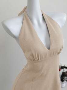 Elamini 深V领露背系带优雅性感A字连衣裙，春夏款 - 卡其色 - 查看 7