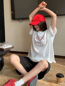 DAZY 女士甜美线条花卉印花短袖T恤，宽松版型，百搭白色纯棉休闲上衣，印花T恤，女款加大码 - 白色 - 查看 11