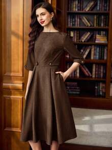 Vintamour 复古经典优雅女士连衣裙，秋冬季修身船领中长连衣裙，藏蓝色连衣裙，带金属纽扣口袋 - 棕色 - 查看 6