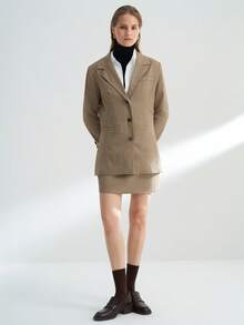 INAWLY 女式常规格子翻领长袖夹克和迷你裙优雅套装 - 棕色 - 查看 3