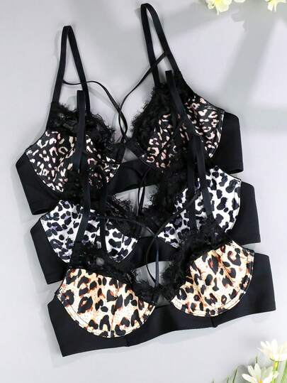 Conjunto de 3 piezas de sujetador cómodo con parches de encaje para mujer