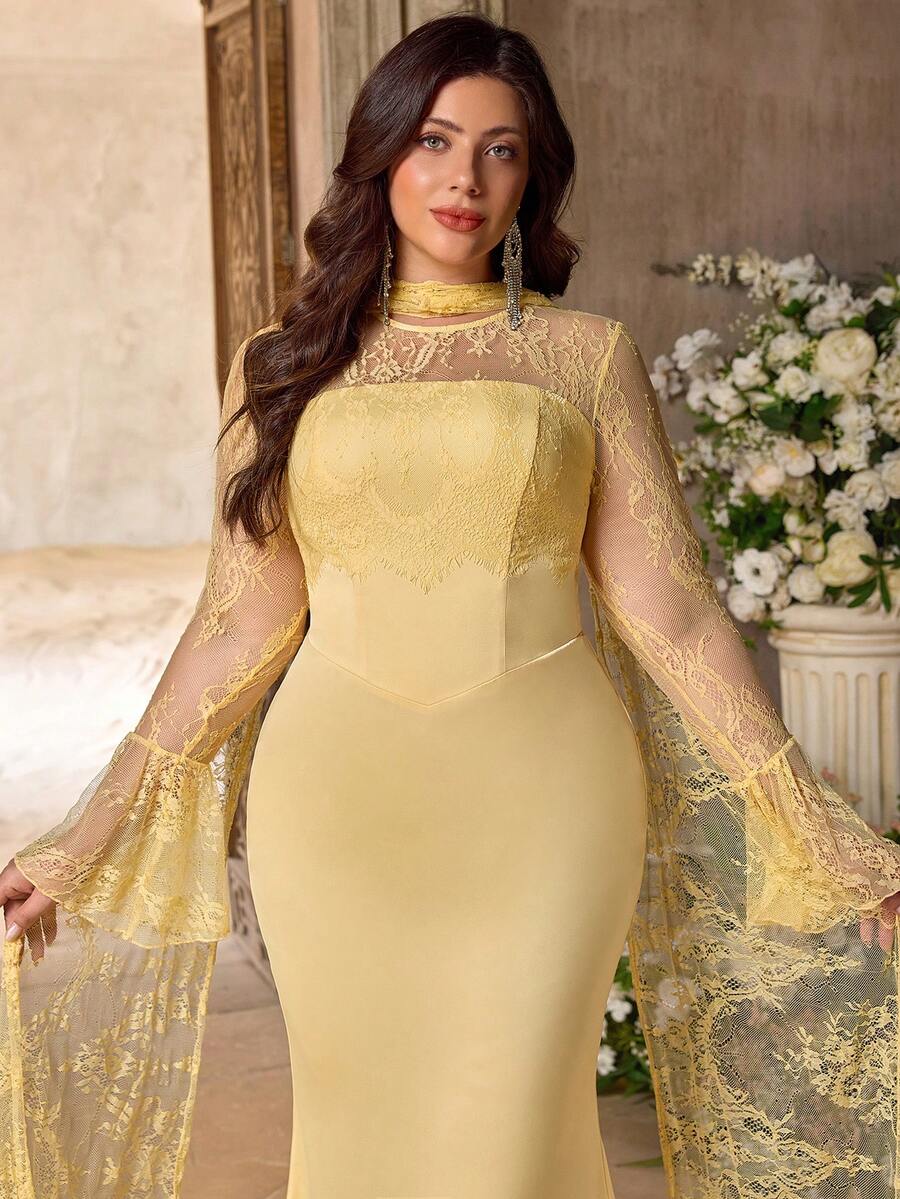 Aureia فستان طويل بأكمام طويلة شفافة وذيل سمكة، مناسب للسهرات والمناسبات المسائية والمواعيد والعطلات وعيد الحب والزفاف والخدم، مع وشاح ساتان مزخرف بالدانتيل الأصفر الفاتح الأنيق والرومانسي بحجم كبير