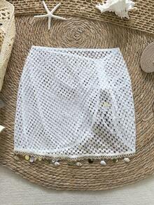 Swim Vcay 2026新款女士夏季沙滩度假网纱特殊面料亮片流苏抽绳腰半身裙罩衫 - 杏色 - 查看 2