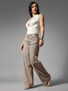Denimoi Quần jeans ống rộng nữ có túi và cúc, kiểu dáng thường ngày, đa năng. - Rửa nhẹ - Xem 5