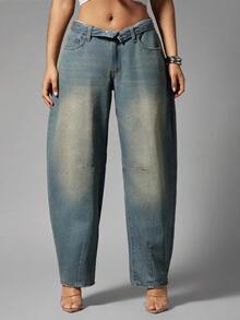 Denimoi Foldover Waist Barrel Leg Washed Jeans Barrel Jeans Fashionable Streetwear - Medium Wash - View 3
