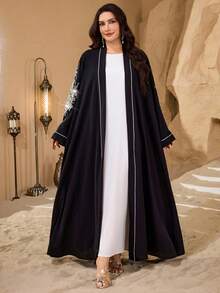 Al Najma Plus Size Casual Solid Color Pearl Applique Long Sleeve Cardigan, Regular Fit, Spring/Autumn - Black - View 3