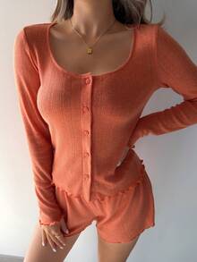 DAZY Vibrant Orange Jacquard Knit Women Pajama Set - Orange - View 2