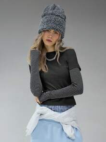 COUREZ 双层长袖针织衫/Y2K长袖上衣 外出上衣 女式上衣 冬季女装 灰色上衣 性感可爱女式上衣 - 灰色 - 查看 8