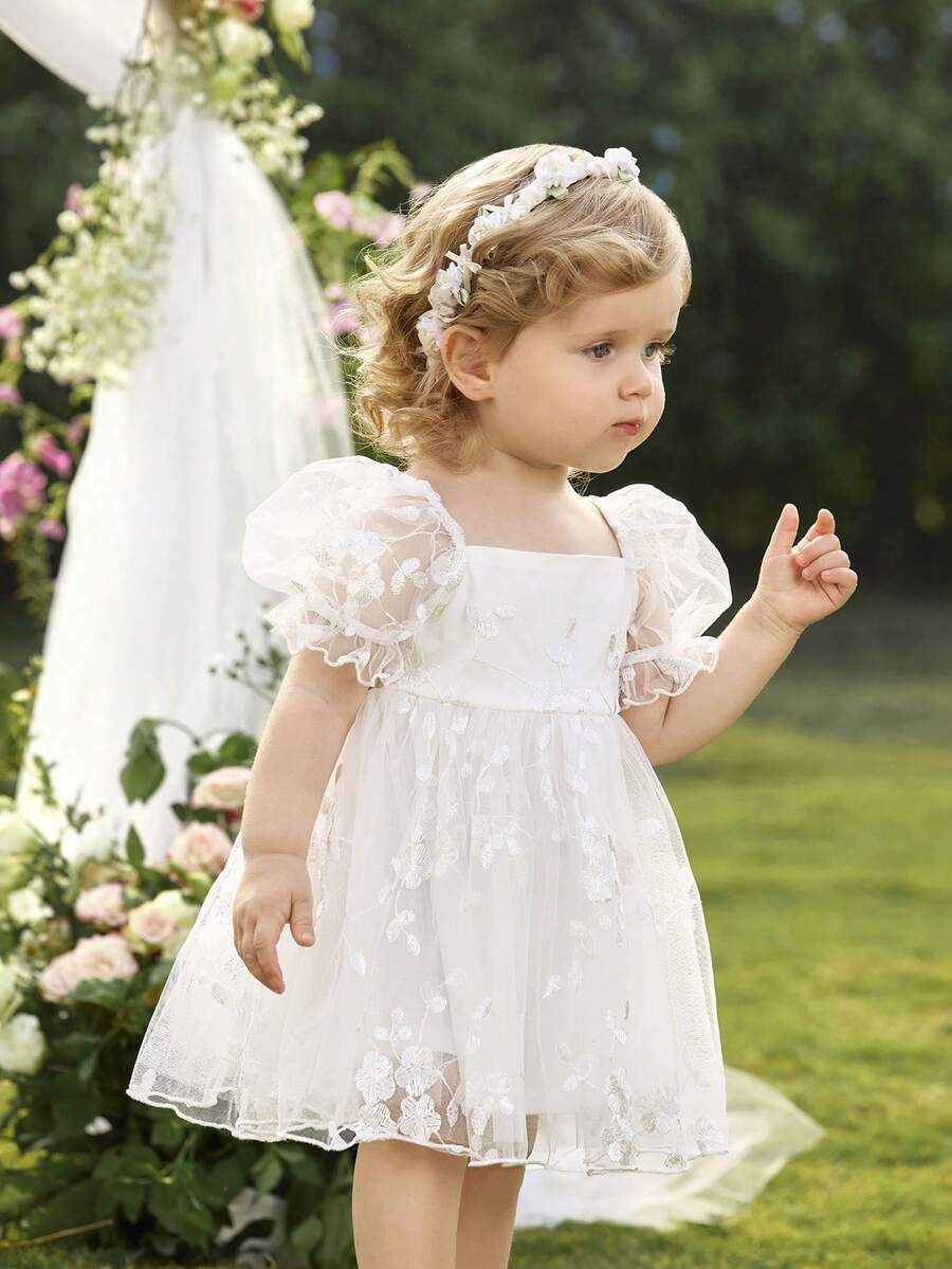 Babygirl Elegant Cute Embroidered Mesh Short Sleeve Princess Dress - White - View 1