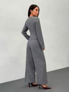 SHEIN PETITE Women's Solid Color Minimalist Daily Wear Long Sleeve Top And Pants Suit In Fall/Winter - Grey - View 2