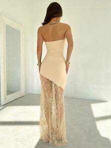 Firerie Vestido maxi elegante y romántico para una cita nocturna sexy con encaje negro sin tirantes, ajustado, con bajo irregular y parches de encaje, apropiado para el Día de San Valentín y la temporada de bodas - Albaricoque - Ver 2