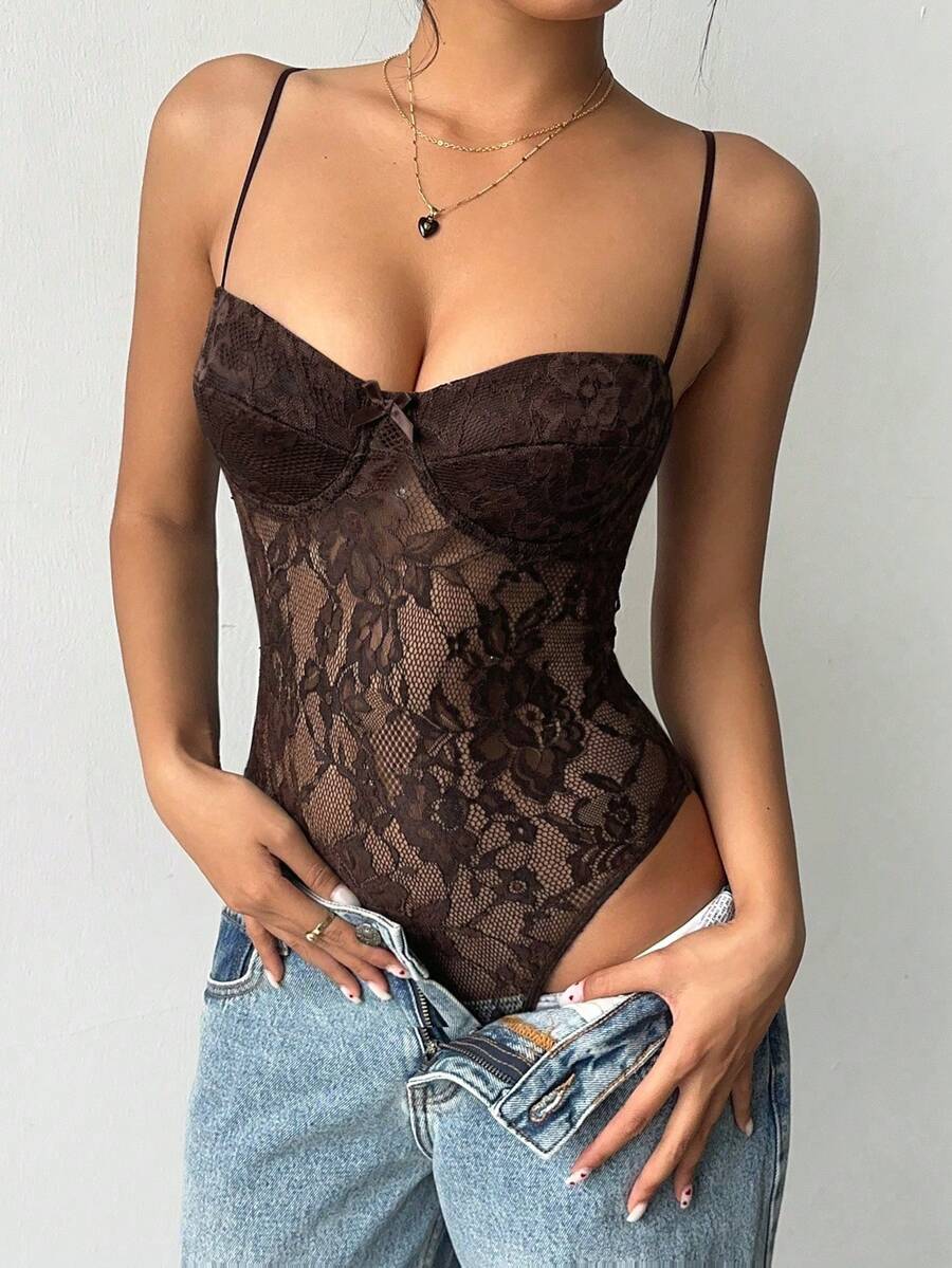 Aloruh Women's Sexy Black Lace Camisole, Slim Fit, Summer - Brown - View 1