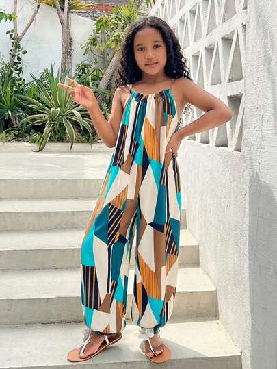 SHEIN Mono informal de verano con estampado tropical de plantas suelto, mono de bloomers de verano, mono hawaiano para niña preadolescente