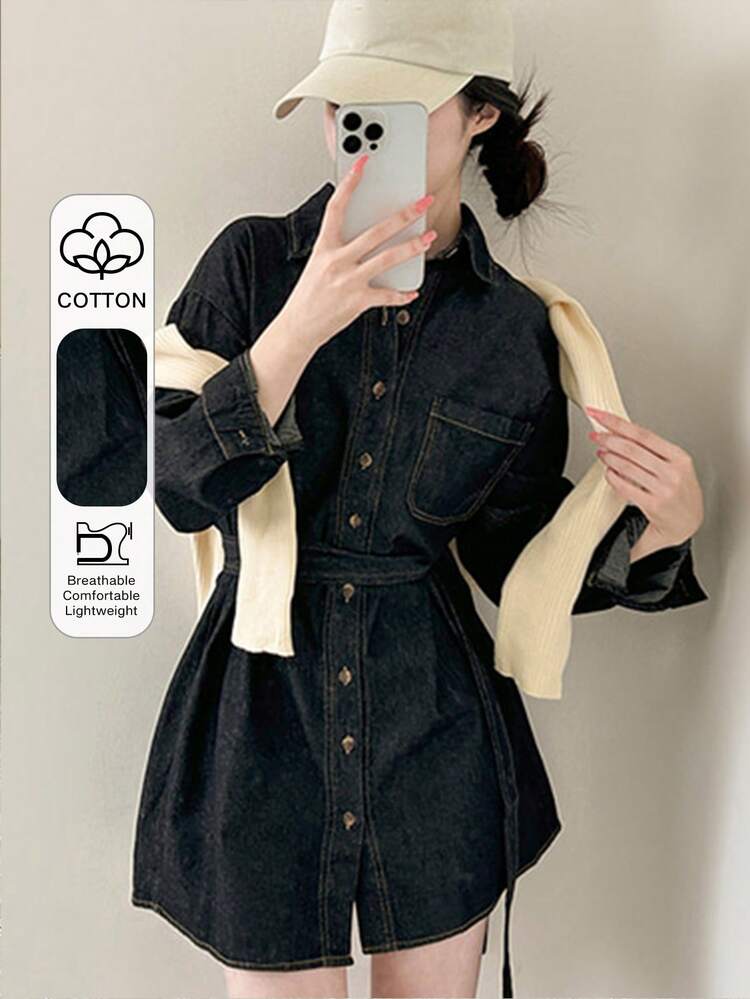 Vintage Waist-Cinched Polo Collar Denim Dress For Women