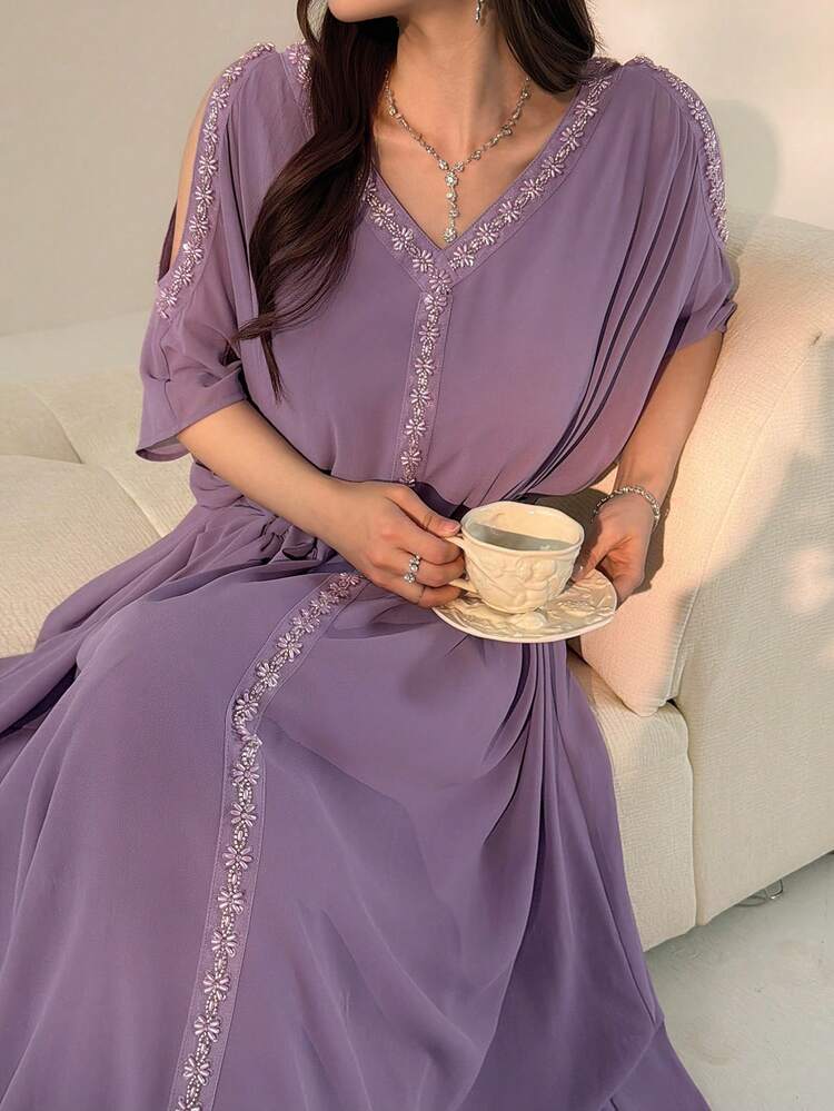 Women's Floral Beaded Decor Open Shoulder V-Neck Elegant Mid-Length Dress Sundress