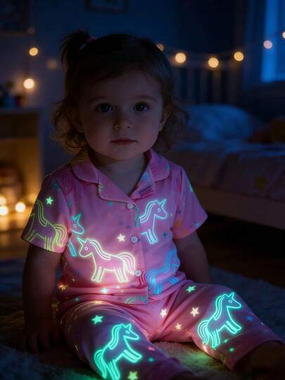 2pcs Baby Girls Lapel Cardigan Short Sleeve Pants Pajama Set, Pink Cartoon Glow-In-The-Dark Unicorn Pattern (Requires UV Light To Glow)