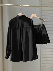 Comfortcana 2pcs Plus Size Set: Black Long Sleeve Blouse And Shorts Skirt With Included Shorts, Spring/Summer - Black - View 2