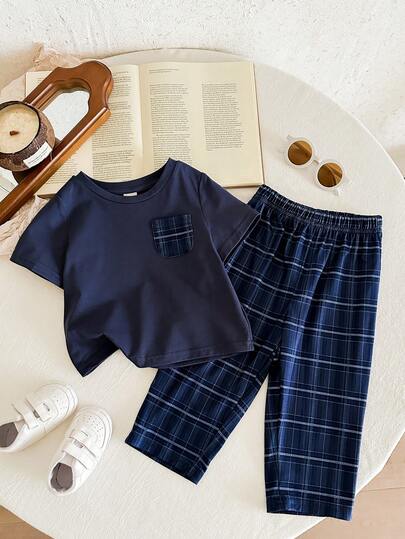 LMoss Kids 2pcs Baby Boy Plaid Pattern Pocket Short Sleeve T-Shirt And Plaid Shorts Comfortable Casual Pajama Set